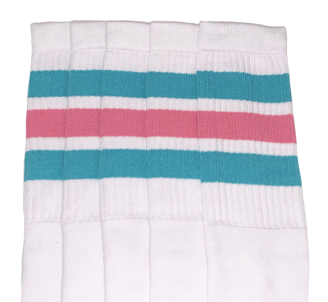 Mid calf WHITE sock with Aqua/BubbleGum Pink stripes