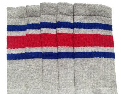 Knee high Grey socks with Royal Blue-Red  stripes