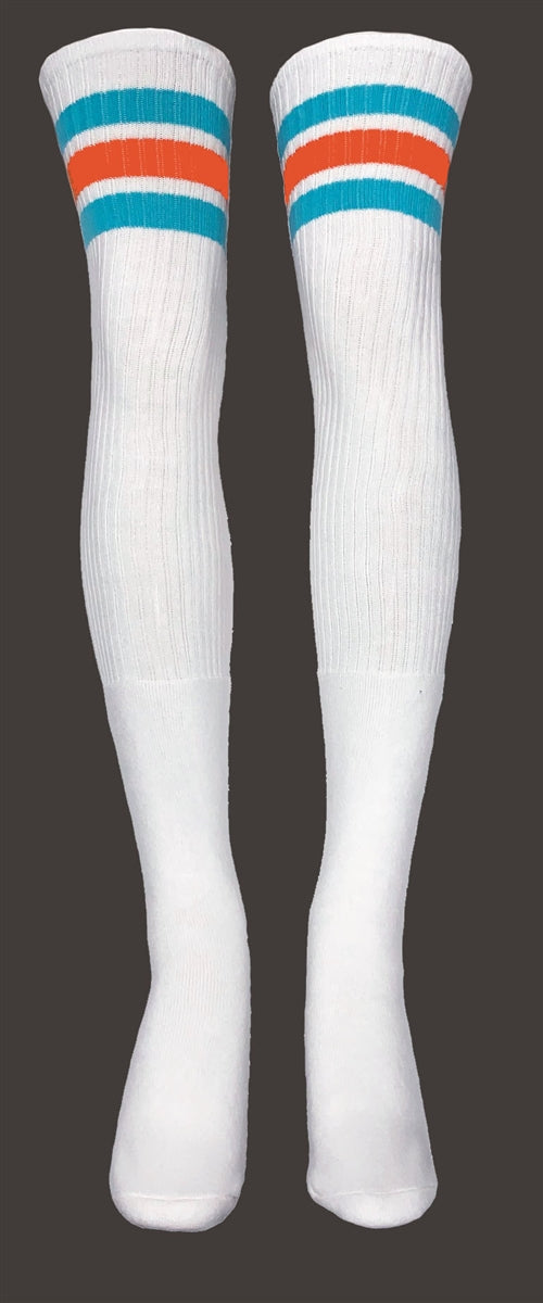 Thigh high socks with Aqua-Orange stripes