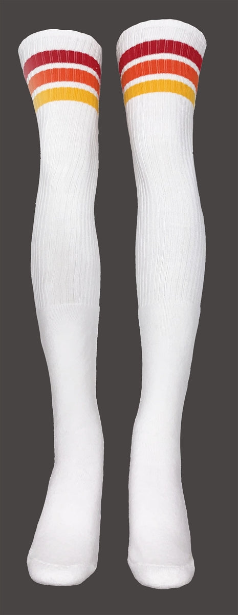 Thigh high socks with Red-Orange-Gold stripes