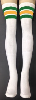 Thigh high socks with Green - Gold stripes