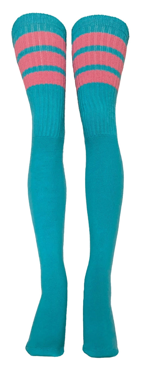 Thigh high Aqua socks with BubbleGum Pink stripes