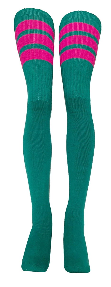 Thigh high Teal socks with Hot Pink stripes
