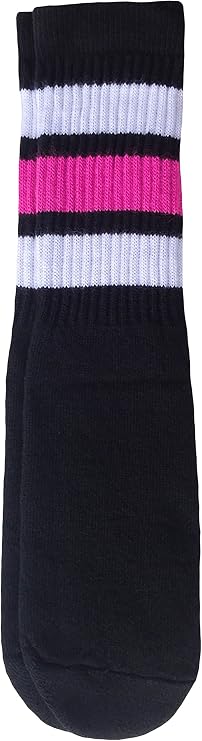 Kids Black tube socks with White-Hot Pink stripes style 1 - SKATERSOCKS