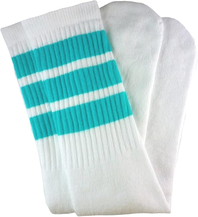 Kids White tube socks with Aqua stripes style 1 - SKATERSOCKS
