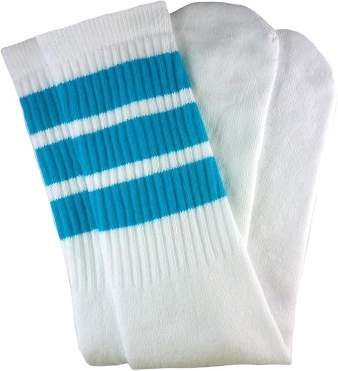 Kids White tube socks with Baby Blue stripes style 1 - SKATERSOCKS