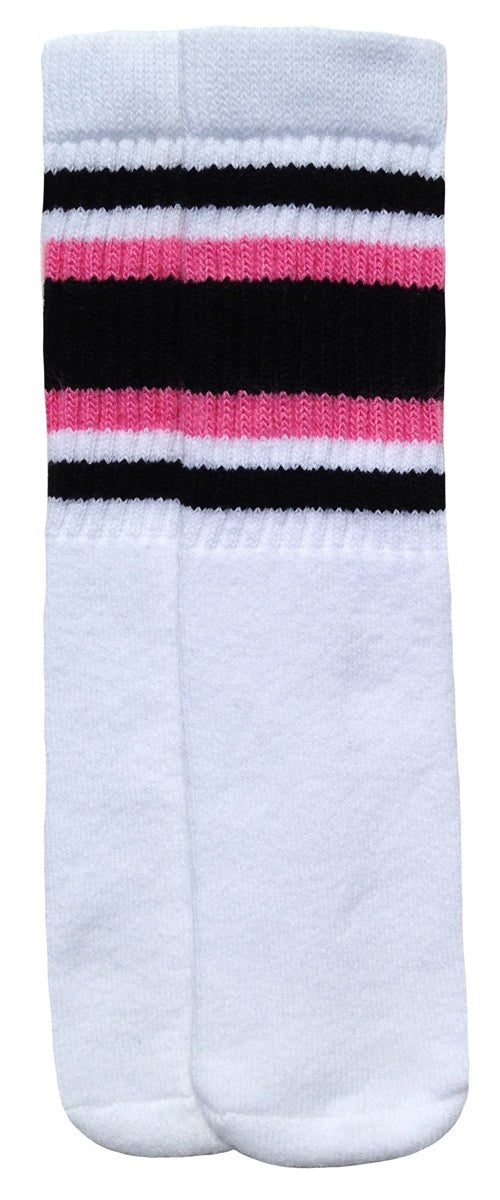 Kids White tube socks with Black-Bubblegum Pink stripes style 4 - SKATERSOCKS