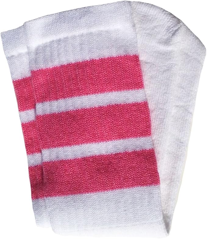 Kids White tube socks with BubbleGum Pink stripes style 1 - SKATERSOCKS