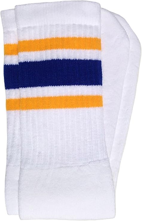 Kids White tube socks with Gold-Royal Blue stripes style 3 - SKATERSOCKS