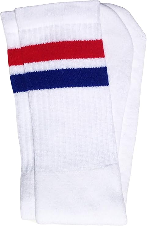 Kids White tube socks with Royal Blue-Red stripes style 2 - SKATERSOCKS