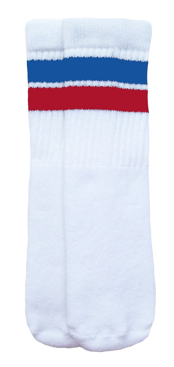Kids White tube socks with Royal Blue-Red stripes style 2 - SKATERSOCKS