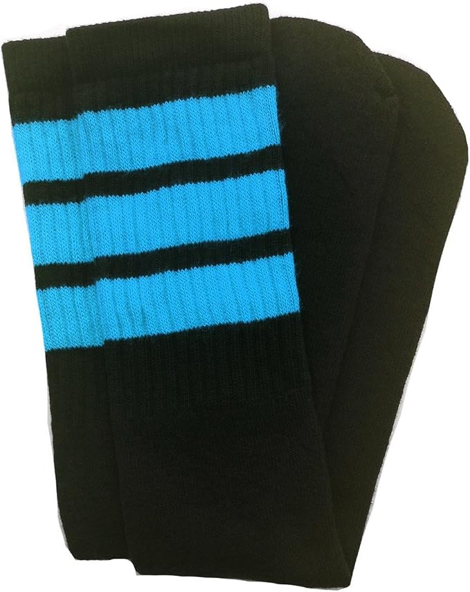 Knee high Black tube socks with Baby Blue stripes style 1 - SKATERSOCKS