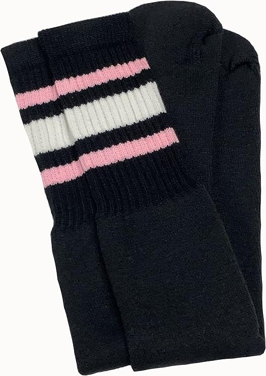 Knee high Black tube socks with Baby Pink-White stripes style 3 - SKATERSOCKS