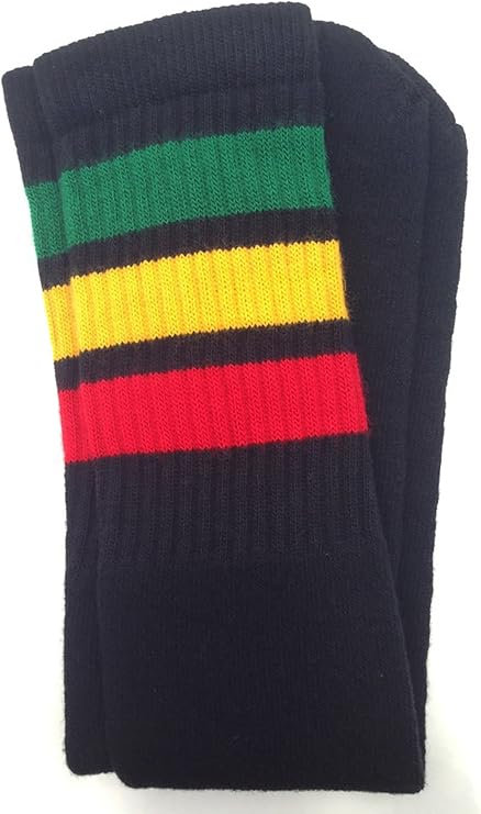Knee high Black tube socks with Green-Gold-Red stripes style 1 - SKATERSOCKS