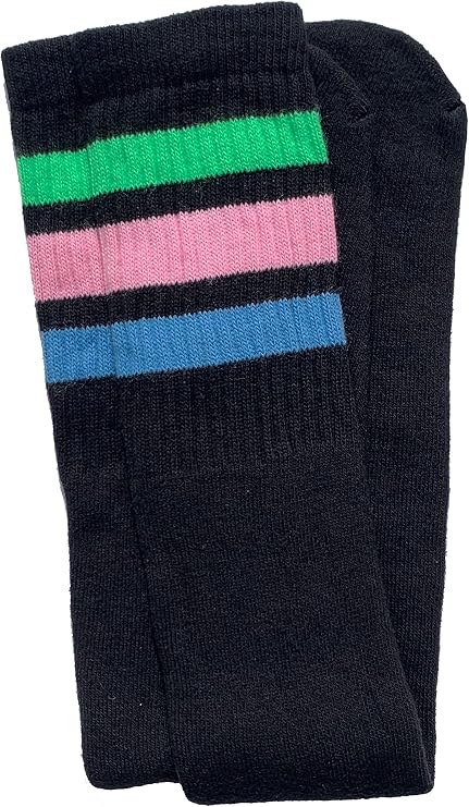 Knee high Black tube socks with Neon Green-Baby Pink-Baby Blue stripes style 1 - SKATERSOCKS
