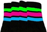 Knee high Black tube socks with Neon Green-Hot Pink-Baby Blue stripes style 1 - SKATERSOCKS