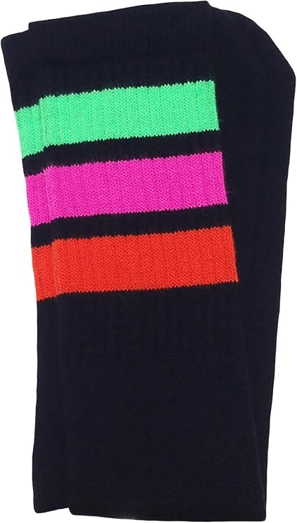 Knee high Black tube socks with Neon Green-Hot Pink-Orange stripes style 1 - SKATERSOCKS