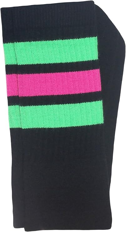 Knee high Black tube socks with Neon Green-Hot Pink stripes style 1 - SKATERSOCKS
