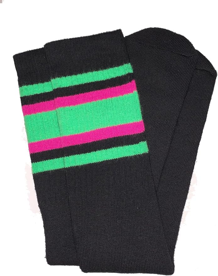 Knee high Black tube socks with Neon Green-Hot Pink stripes style 4 - SKATERSOCKS