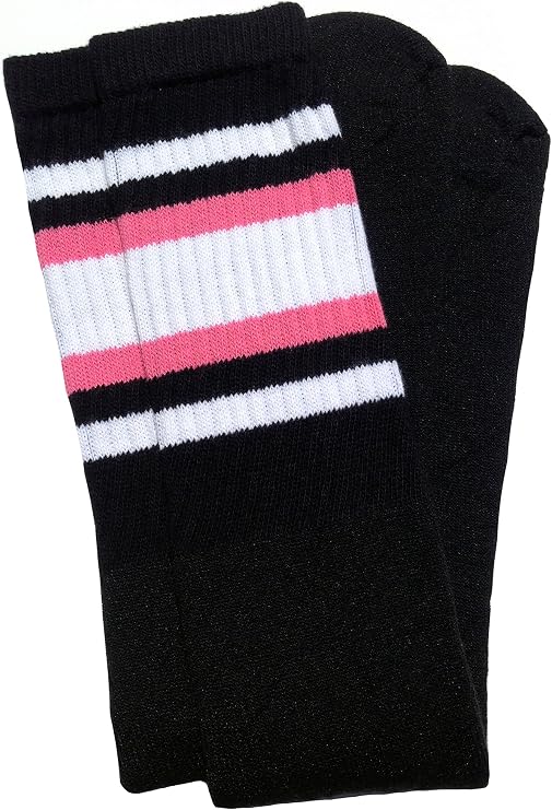Knee high Black tube socks with White-BubbleGum Pink stripes style 4 - SKATERSOCKS
