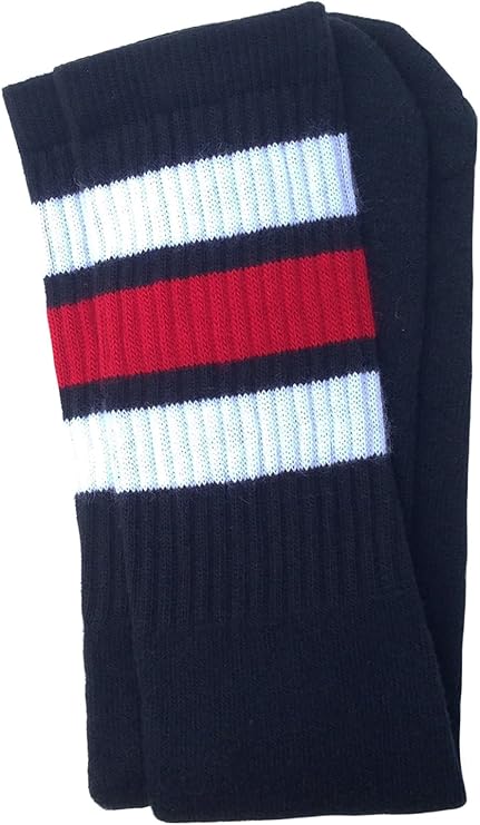 Knee high Black tube socks with White-Red stripes style 1 - SKATERSOCKS