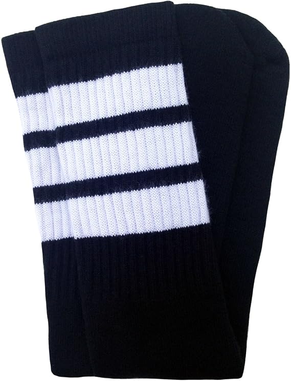 Knee high Black tube socks with White stripes style 1 - SKATERSOCKS