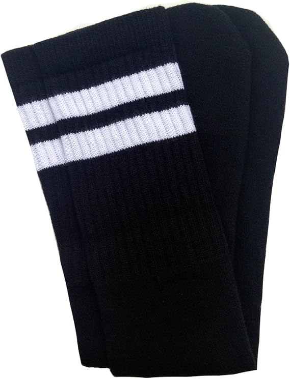Knee high Black tube socks with White stripes style 2 - SKATERSOCKS