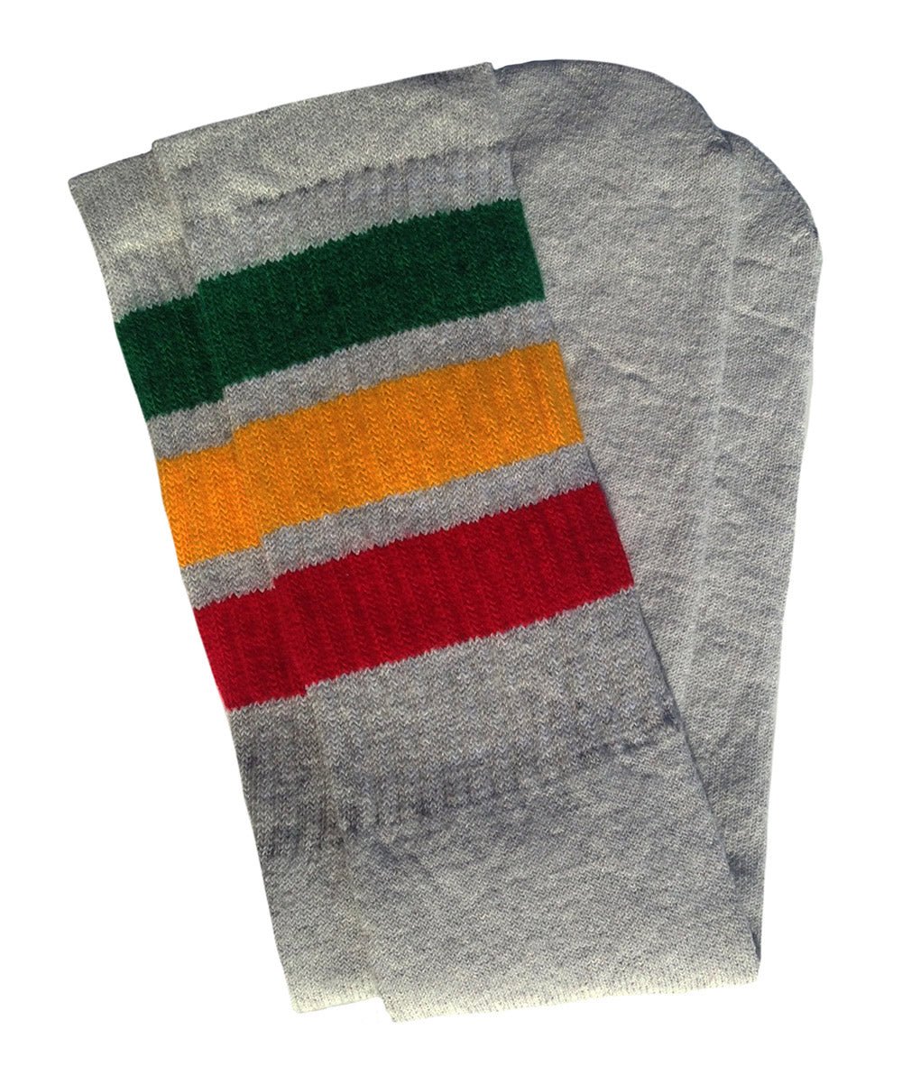 Knee high Grey tube socks with Green-Gold-Red stripes style 1 - SKATERSOCKS