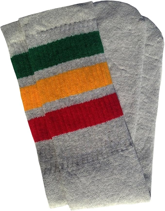 Knee high Grey tube socks with Green-Gold-Red stripes style 1 - SKATERSOCKS