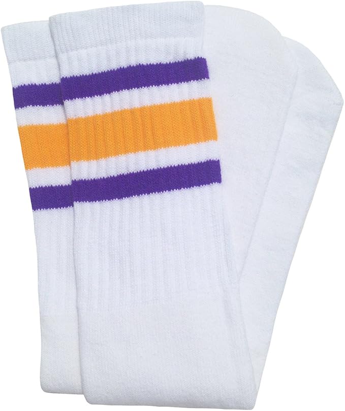 Knee high White tube socks Purple-Gold stripes style 3 - SKATERSOCKS