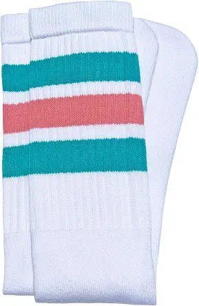 Knee high White tube socks with Aqua/BubbleGum Pink stripes style 1 (Made in Italy) - SKATERSOCKS