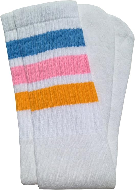 Knee high White tube socks with Baby Blue-Baby Pink-Gold stripes style 1 - SKATERSOCKS