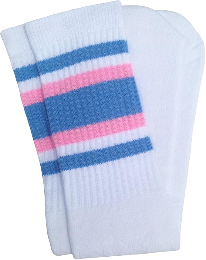 Knee high White tube socks with Baby Blue-Baby Pink stripes style 4 - SKATERSOCKS