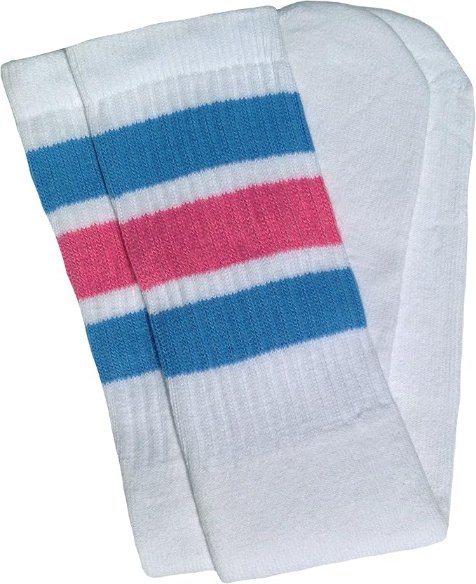 Knee high White tube socks with Baby Blue-BubbleGum Pink stripes style 1 - SKATERSOCKS