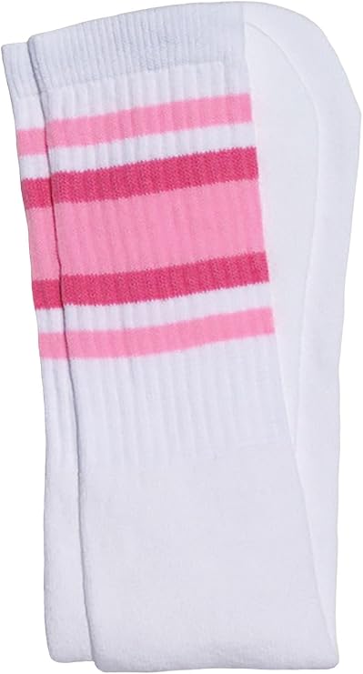 Knee high White tube socks with Baby Pink-BubbleGum Pink stripes style 4 - SKATERSOCKS
