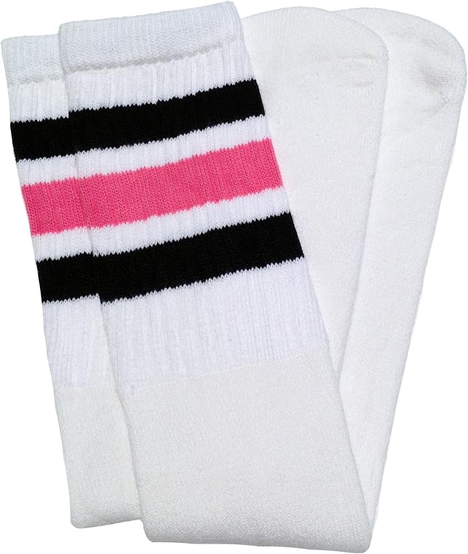 Knee high White tube socks with Black-BubbleGum Pink stripes style 1 - SKATERSOCKS