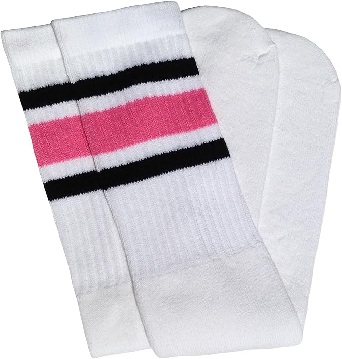 Knee high White tube socks with Black-BubbleGum Pink stripes style 3 - SKATERSOCKS