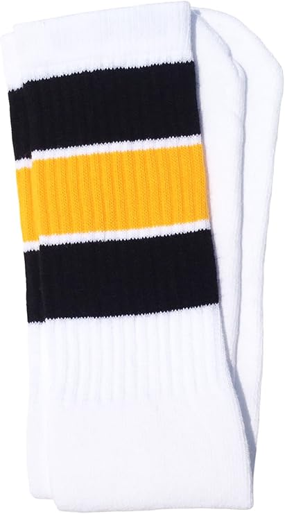 Knee high White tube socks with Black-Gold stripes style 5 - SKATERSOCKS