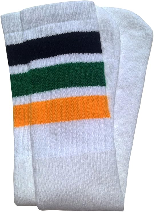 Knee high White tube socks with Black-Green-Gold stripes style 1 - SKATERSOCKS