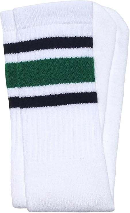 Knee high White tube socks with Black-Green stripes style 3 - SKATERSOCKS