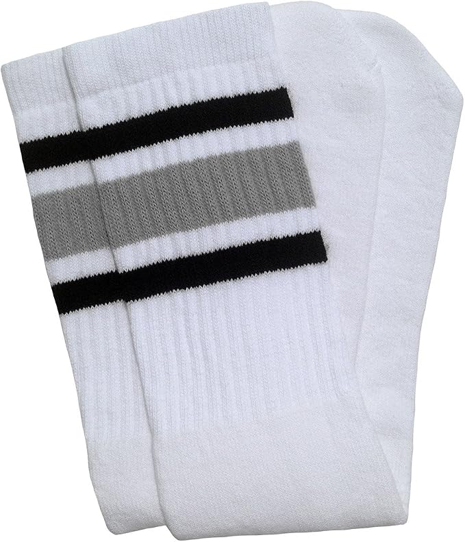 Knee high White tube socks with Black-Grey stripes style 3 - SKATERSOCKS