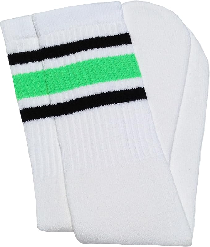 Knee high White tube socks with Black-Neon Green stripes style 3 - SKATERSOCKS