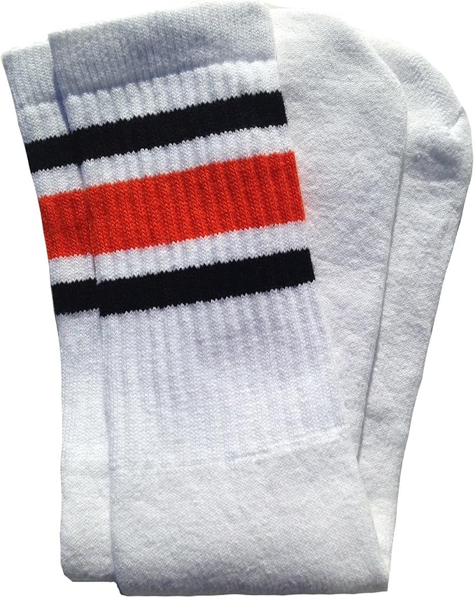 Knee high White tube socks with Black-Orange stripes style 3 - SKATERSOCKS