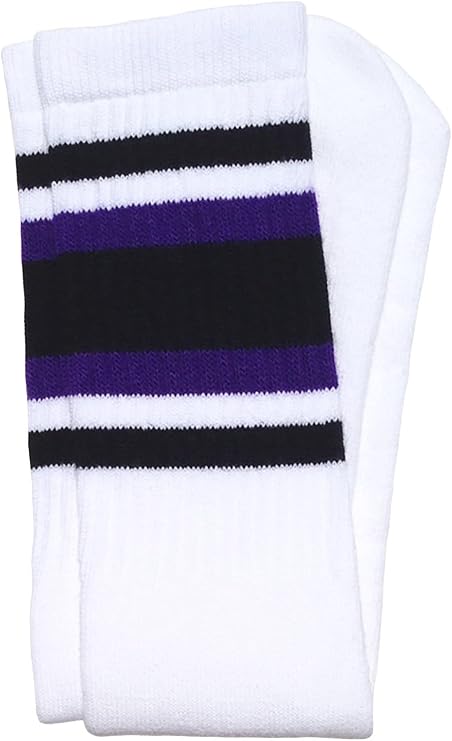 Knee high White tube socks with Black-Purple stripes style 4 - SKATERSOCKS