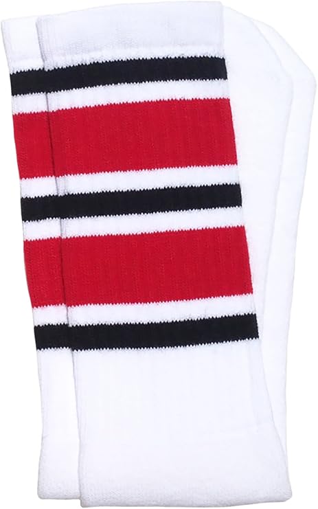 Knee high White tube socks with Black-Red stripes style 6 - SKATERSOCKS