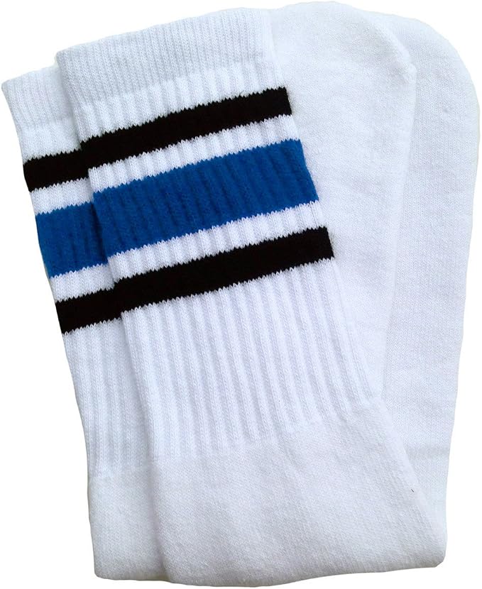 Knee high White tube socks with Black-Royal Blue stripes style 3 - SKATERSOCKS