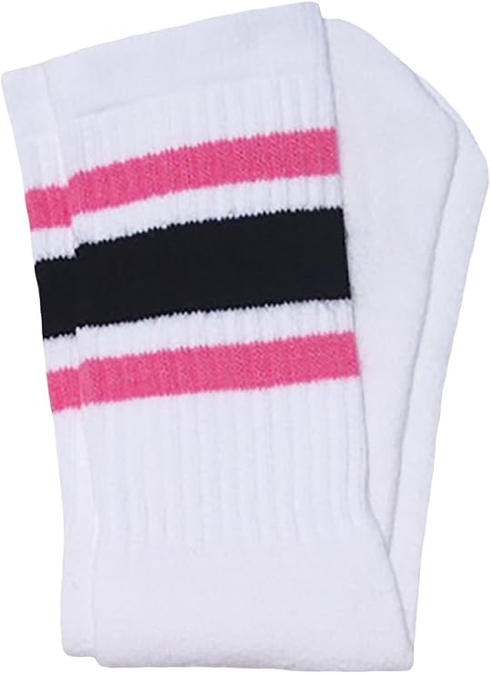 Knee high White tube socks with BubbleGum Pink-Black stripes style 3 - SKATERSOCKS