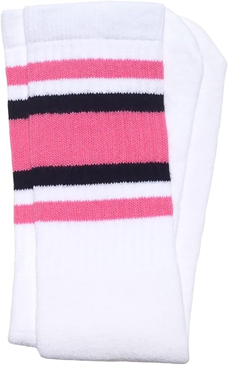 Knee high White tube socks with BubbleGum Pink-Black stripes style 4 - SKATERSOCKS