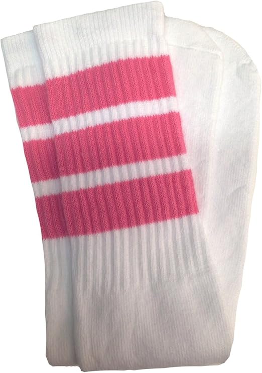 Knee high White tube socks with BubbleGum Pink stripes style 1 - SKATERSOCKS