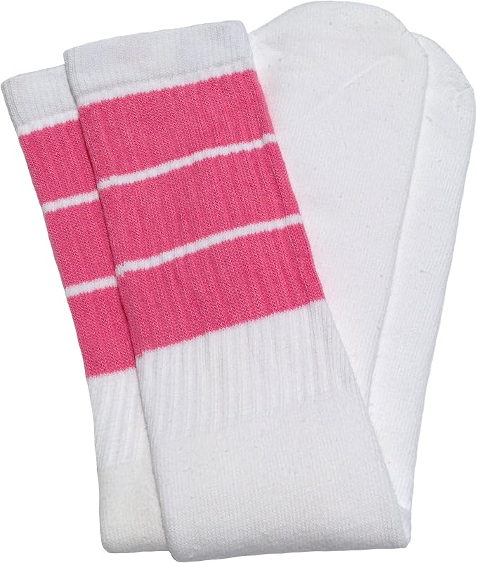 Knee high White tube socks with BubbleGum Pink stripes style 5 - SKATERSOCKS